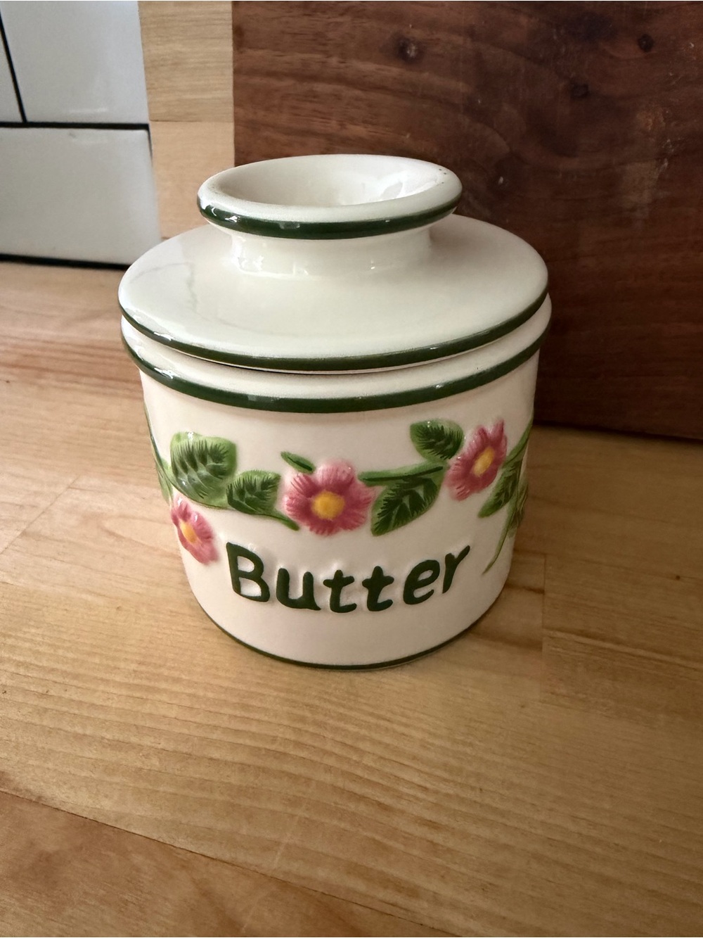 Ceramic Butter Crock with Pink Floral Design - Cream/Green